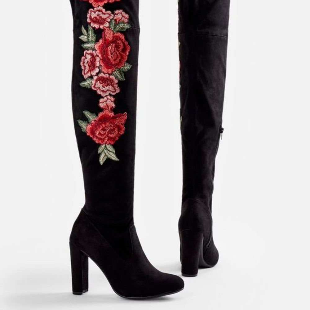 Tibbie Heeled Boot Floral, Black